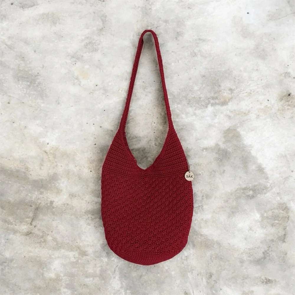 The SAK RED KNITTED SHOULDER SLOUGHY BAG PLUS EXTRA BAG INSIDE